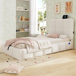 Cama 90x200cm com arrumação hidráulica e entrada tipo c bouclé bege
