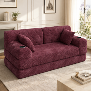 Sofá-cama 2 lugares em bombazina vermelho vinho com porta-copos