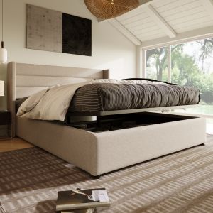 Cama estofada 160x200cm com arrumação linho – bege
