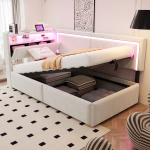 Sofá cama estofado 90x200cm com arrumação e luz LED veludo – bege