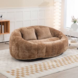 Sofá puff em chenille castanho com braços e encosto alto 2 lugares