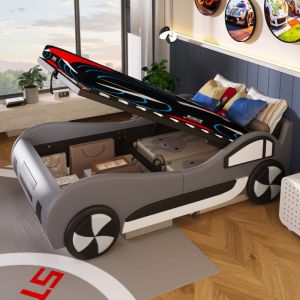 Cama infantil 90x200cm com arrumação mdf e pu cinzento