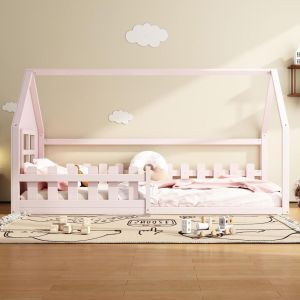 Cama infantil baixa tipo casinha 90x200cm com estrado incluído, rosa
