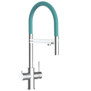 Grifo cocina 5 vías acero inox ducha 2 chorros amovible, cepillado/turquesa