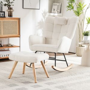 Mecedora teddy blanca con reposapiés y cojín cervical
