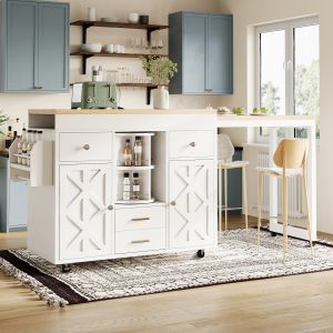 Carrinho bar extensível branco com 4 gavetas e rodízios 91x110x40cm