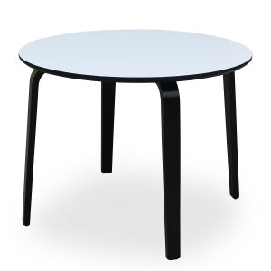 Mesa de jantar, madeira branca com bordas pretas, pés de madeira preta.