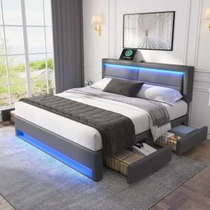 Cama estofada 140x200cm com usb LED e quatro gavetas pu cinzento
