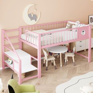 Cama infantil 90x200cm com escada e arrumação metal – rosa