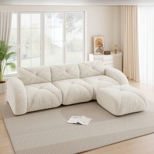 Sofá modular em l em chenille bege claro 3 lugares com otomana