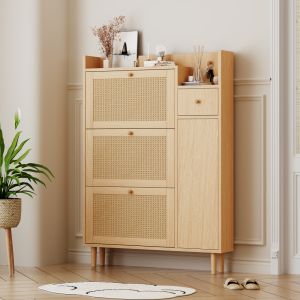 Sapateira estreita com 3 portas basculantes e gaveta natural 125x90x17cm