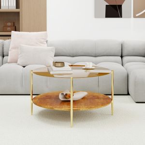 Mesa de centro redonda dourada em vidro e madeira 45x82cm