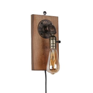 Aplique parede industrial placa madeira natural, cabo e plug E27