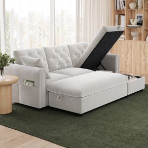 Sofá chaise longue em veludo bege com arrumação e otomana