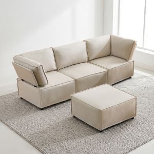 Sofá modular conversível em tecido bege com configuração flexível