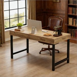 Mesa de escritório rústica mdf metal preto castanho 140cm