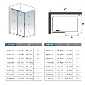 Porta de duche correr frontal+painel lateral,(1075-1095)x(783-803)x1950mm