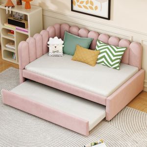 Sofá cama 140x200cm com cama auxiliar em veludo – rosa