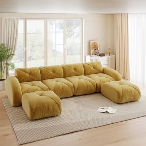 Sofá modular em u em chenille amarelo 4 lugares com 2 pufes