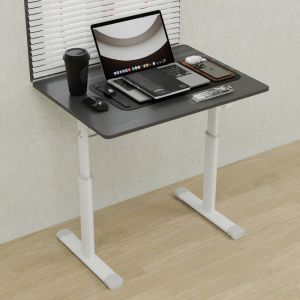 Mesa de escritório regulável metal e madeira cinzento