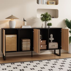 Móvel de tv moderno com portas ripadas preto natural 75x160x38cm