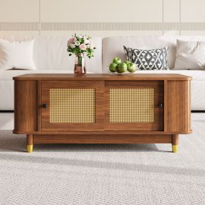 Mesa de centro com portas de rattan nogueira 42x100x50cm