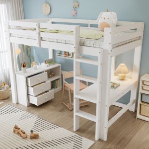 Cama alta infantil 90x200cm com secretária arrumação madeira – branco