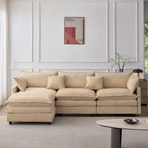 Sofá de canto modular chenille bege café 3 lugares com hocker