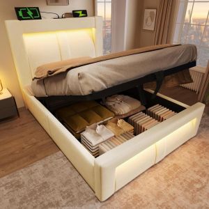 Cama 90x200cm com arrumação hidráulica, usb type-c e LED, bege