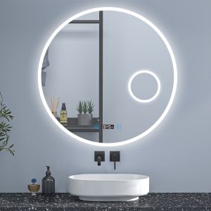 Espelho de casa de banho redondo 70×70cm + relógio + lupa