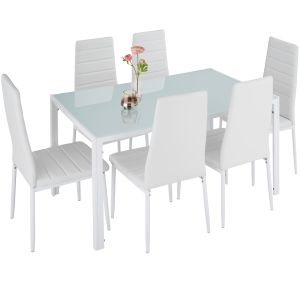 Tectake 7 peças mesa aço vidro, 6 cadeiras couro sintético, branco/branco