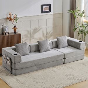 Sofá-cama dobrável de chão bombazina cinzento claro com porta-copos