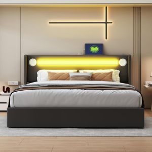Cama 160x200cm com bluetooth, 2 portas usb, LED e arrumação preta