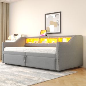 Sofá cama estofado 90x200cm extensível com arrumação linho cinzento claro