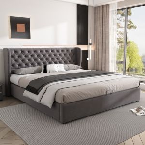 Cama estofada 160x200cm com arrumação veludo – cinzento
