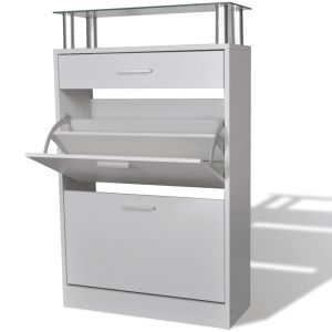 vidaXL zapatero con cajón y estante superior de vidrio blanco