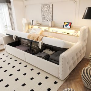 Sofá cama 90x200cm com arrumação e LED veludo bege