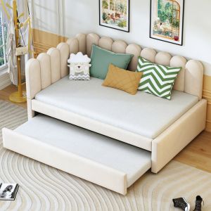Cama estofada 140x200cm com arrumação e cama extra veludo – bege
