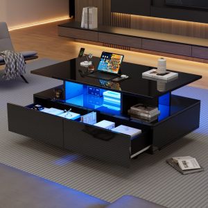 Mesa de centro brilho com luz LED e 2 gavetas preto 41x90x55cm