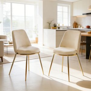 Cadeira de jantar em veludo branco creme com pernas metálicas douradas