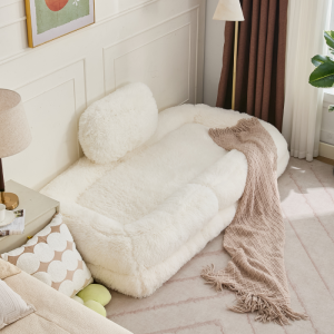 Poltrona de chão dobrável em peluche bege 1 lugar reclinável 5 posições