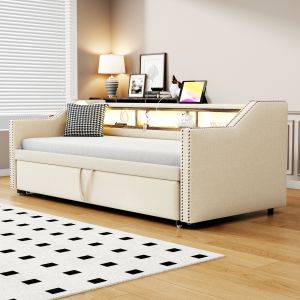 Sofá cama estofado 90/180x190cm com arrumação e usb linho – bege