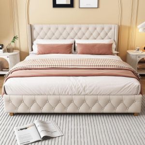 Cama casal 180x200 bege em linho com cabeceira capitonê