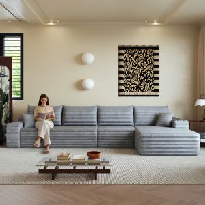 Sofá de canto modular com chaise longue em tecido cinzento 270 cm
