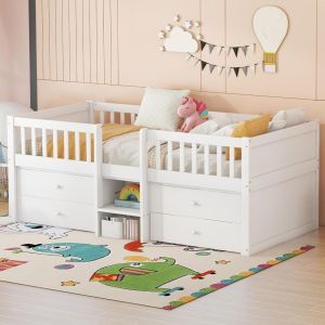 Cama semi-alta 90x200 cm com 4 gavetas, escada e grade, branca