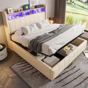 Cama de casal elevatória LED usb-c 160x200cm com arrumação bege