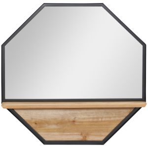 Espelho de parede mdf, vidro e metal preto e madeira 61x8.4x61 cm