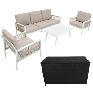Conjunto de jardim de alumínio 5 lugares branco + caixa em rattan preto