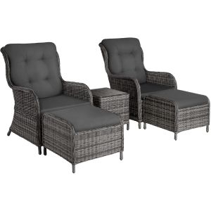 Conjunto de rattan, 2 sillones, 2 banquetas, almofadas, 1 mesa, cinzento