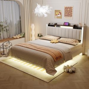 Cama estofada 140x200cm com LED, usb e cabeceira com arrumação, bege
